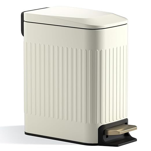 CEROELDA Small Bathroom Trash Can with Lid Soft Close-5L/1.3 Gal Slim Garbage Can-Metal Step Wastebasket-Rectangle Narrow Waste Bin for Office, Bedroom, Toilet, Live Room (Embossed-Beige)