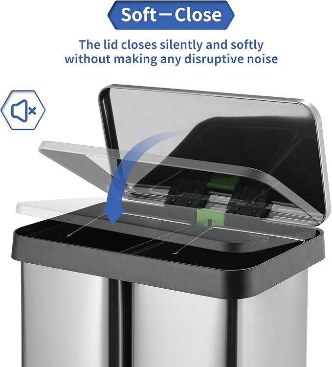 16 Gallon Dual Compartment Trash Can, Hands-Free Recycling Rectangular Garbage Bin, Stainless Steel Step-On Dustbin with Soft-Close Lid, Removable Inner Buckets, for Kitchen Home