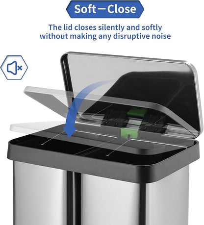 16 Gallon Dual Compartment Trash Can, Hands-Free Recycling Rectangular Garbage Bin, Stainless Steel Step-On Dustbin with Soft-Close Lid, Removable Inner Buckets, for Kitchen Home
