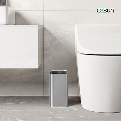 Cesun Small Bathroom Trash Can 2.1 Gallon Wastebasket, Modern Metal Garbage Can Office Waste Basket, Silver Stainless Steel Trash Bin for Bedroom, Home Office, Toilet, rv, Near Desk, Under Sink.
