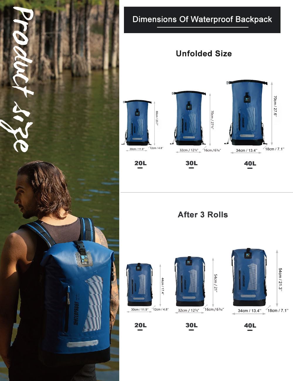 IDRYBAG Waterproof Backpack for Men 20L/30L/40L, Floating Dry Bag Kayak, Dry Backpack Hiking