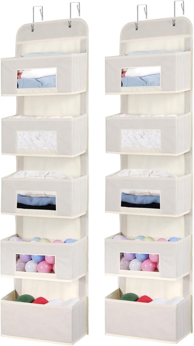 5-Shelf Over The Door Hanging Organizer with 2 Metal Hooks，5 Pocket Over The Door Wall Mount Storage with Clear Windows for Baby Nursery Bathroom Closet,Bedroom,Dorm(Beige-2 Pack)