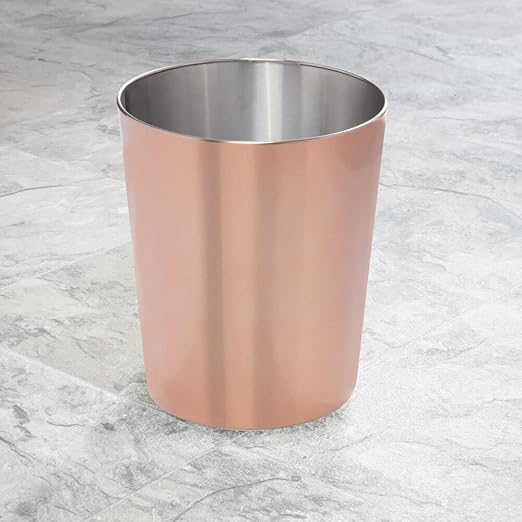 mDesign Round Metal Small 1.7 Gallon Recycle Trash Can Wastebasket, Garbage Container Bin for Bathrooms, Kitchen, Bedroom, Home Office - Durable Stainless Steel - Mirri Collection - Rose Gold