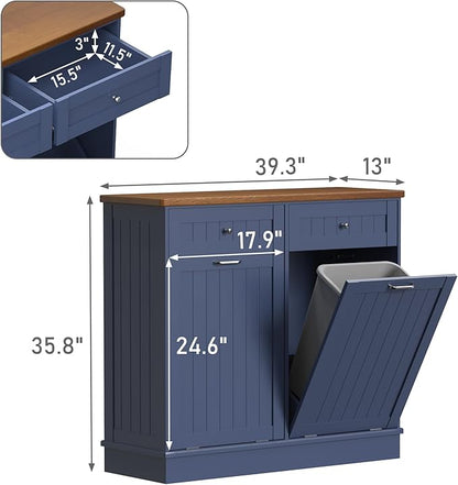 Betterhood Tilt Out Trash Cabinet 10 Gallon Wooden Free Standing Laundry Sorter Cabine,Recycling Cabine with Hideaway Drawer,Tilt Out Trash Cabinet Can Bin Kitchen