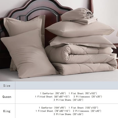 NTBAY King Comforter Set with Sheets, 7 Pieces Soft and Breathable King Bedding Set, Bed in a Bag, Down Alternative Comforter Set Solid Color All Season, King Bedding Set, Taupe