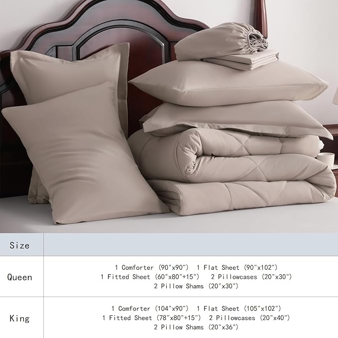 NTBAY Queen Comforter Set with Sheets, 7 Pieces Soft and Breathable Queen Bedding Set, Bed in a Bag, Down Alternative Comforter Set Solid Color All Season, Queen Bedding Set, Taupe