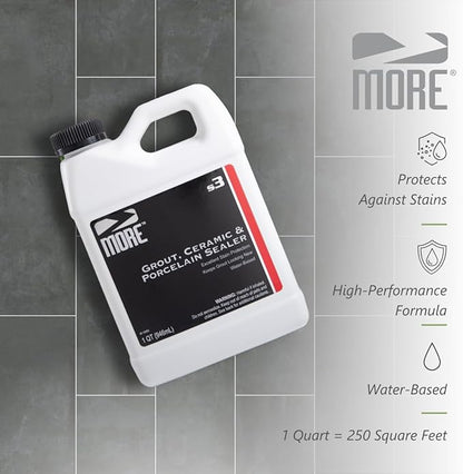MORE Grout, Ceramic & Porcelain Tile Sealer - Water-Based Grout Sealer - Stain, Tile & Grout Protection - for Bathrooms, Showers & Floors - Prevent Grout Haze - Safe & Easy to Use - Unscented - 32oz