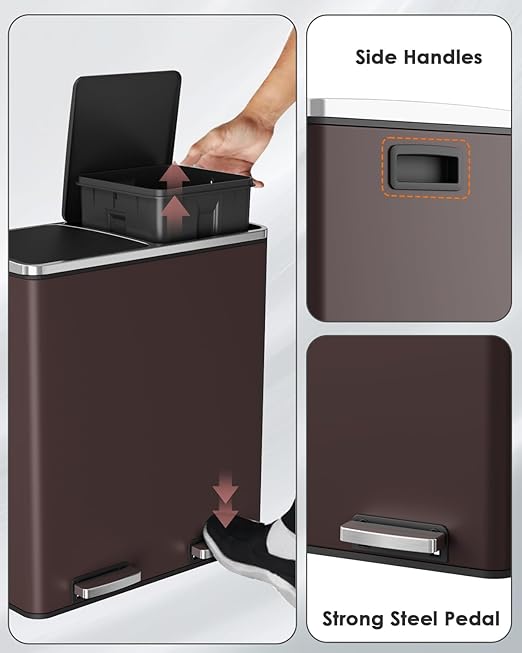Arlopu 16 GallonStainless Steel Trash Can, 60L Dual Compartment, Metal Kitchen Step Recycle Bin, Metal Double Dustbin, in-Home Garbage Rubbish Can W/Removable Liner Buckets (Brown)