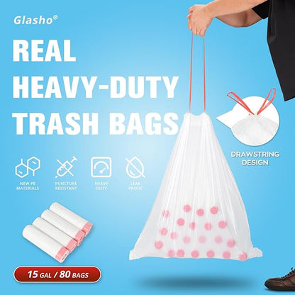 Ultra Thick Heavy Duty Plastic 15 Gallon Drawstring Trash Bags Large 80 Count White Leak Proof Garbage Bags for Tall Kitchen Home Office Outdoor