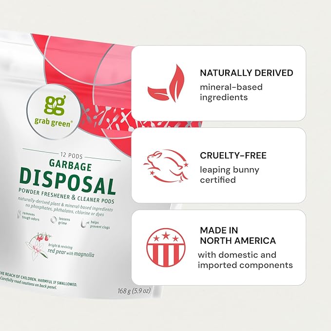 Grab Green Garbage Disposal Freshener and Cleaner Pods, 12 Count, Thyme with Fig Leaf Scent, Plant and Mineral Based, Removes Odors, Loosens Grime, Prevents Clogging