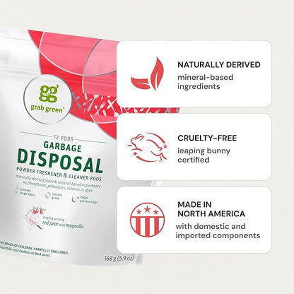 Grab Green Garbage Disposal Freshener and Cleaner Pods, 12 Count, Thyme with Fig Leaf Scent, Plant and Mineral Based, Removes Odors, Loosens Grime, Prevents Clogging