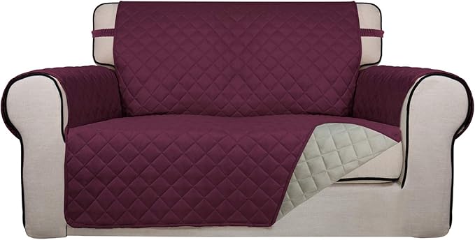 PureFit Reversible Quilted Sofa Cover, Water Resistant Medium Slipcover Furniture Protector, Washable Couch Cover with Non Slip Foam and Elastic Straps for Kids, Dogs, Pets (Loveseat, Wine/Beige)