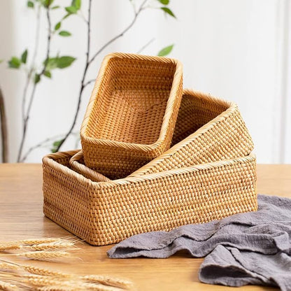 Rattan Storage Baskets, Wicker Baskets for Organizing, Hand Woven Fruit Basket, Decorative Baskets for Kitchen Counter, Living Room, Bathroom, Set of 3