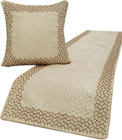 The HomeCentric King/Queen/Twin Ivory & Gold Designer CA King 86"x18" Bed Runner with 2 Pillow Cover, Mosaic & Beaded Bed Scarf on Jacquard Fabric - Tessellation