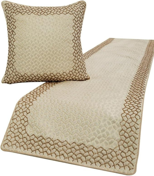 The HomeCentric King/Queen/Twin Ivory & Gold Designer CA King 86"x18" Bed Runner with 2 Pillow Cover, Mosaic & Beaded Bed Scarf on Jacquard Fabric - Tessellation