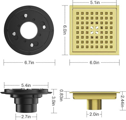 Shower Drain Brushed Gold 6 Inch, Square Floor Drain, Stainless Steel Drain Kit with Flange, Removable Grid Cover, Hair Strainer