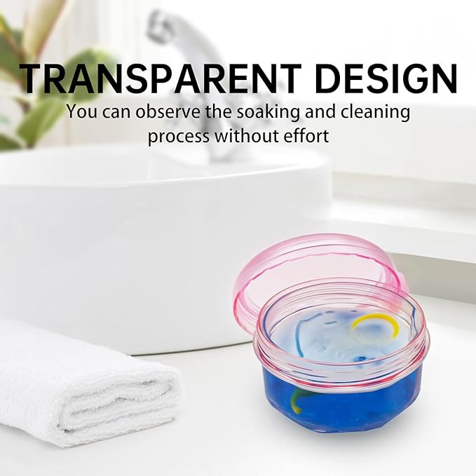 Denture Bath Case Denture Cleaning Cup with Lid Leak Proof, False Teeth Holder Mouthguard Storage Box Retainer Soaking Case for TravelHousehold|Office - Transparent Pink