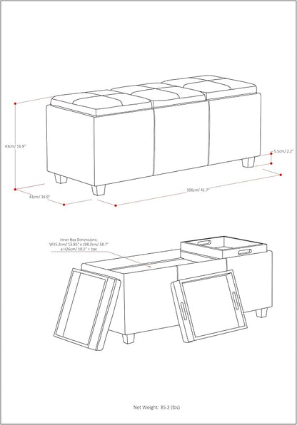 SIMPLIHOME Avalon 42 inch Wide Contemporary Rectangle Storage Ottoman in Stone Grey Vegan Faux Leather, Assembled, For the Living Room, Entryway and Family Room