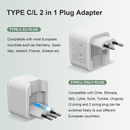 European Travel Plug Adapter, Foldable Power Adapter with 3 USB(1 USB C Port) and 1 AC Outlets, 2 in 1 Type C/L EU Outlet Adapter for US to Most of Europe France Germany Spain Italy(1 Pack)