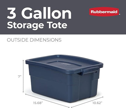 Rubbermaid Roughneck Tote 3 Gal, 6 Pack, Made in USA, Dark Indigo Metallic, Rugged Plastic Stackable Storage Bins with Lids and Handles