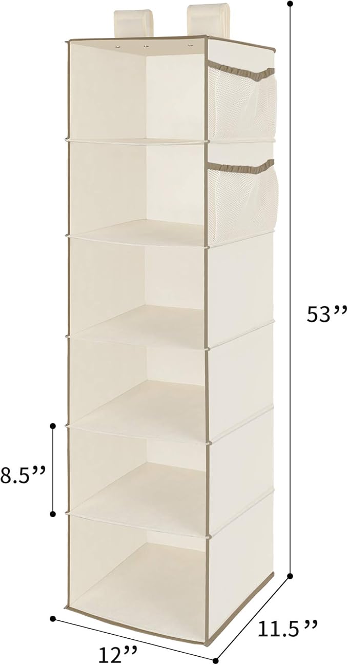 MAX Houser 6 Tier Shelf Hanging Closet Organizer, Closet Hanging Shelf with 2 Widen Straps for Storage, Foldable (Beige2)