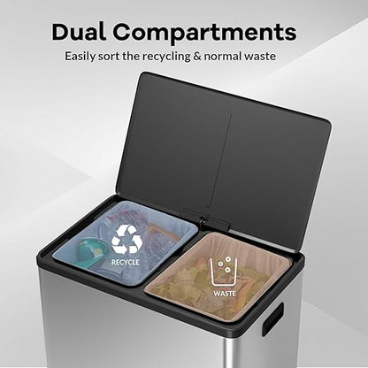 GarveeHome Step Dual Trash Can, 60L/16 Gallon Recycle Bins with Lid, 2 Removable Wastebusket, Step Pedal, Large Stainless Steel Double Trash Bin for Kitchen, Bathroom