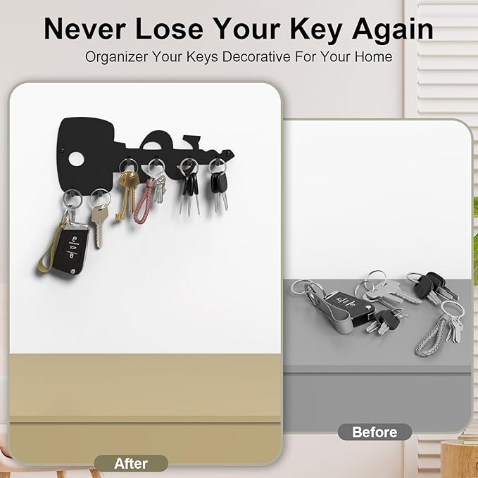 PMMASTO Key Holder Wall Mounted, Key Hooks for Wall, Stainless Steel Black Key Organizer with 6 Hooks, Decor Rack for Entryway, Hallway, Garage, Mudroom, Office
