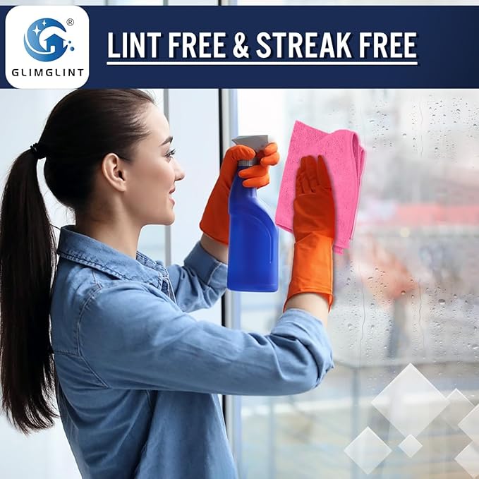 GLIMGLINT Pink Microfiber Cleaning Cloth, 12 Pack Cleaning Towels for Kitchen, Lint Free, Scratch-Free, Highly Absorbent, and Reusable Cleaning Rags for House, Window and Glass, Cars, 14"X12"