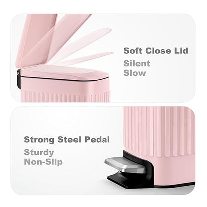 TrashAid Pink Bathroom Trash Can, 1.6 Gallon Stainless Steel Small Garbage Can with Lid, Step Pedal, Cute Wastebasket for Bathroom, Office, Bedroom, RV, Pink