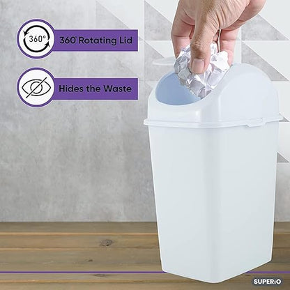 Superio Mini Desktop Trash Can with Swing Top Lid Portable Plastic Garbage Can for Countertop, Desktop, Make up Vanity, Bathroom, Car, Under Sink, Dorm, Compact Waste Bin 5 L, 1.25 Gal. (White)