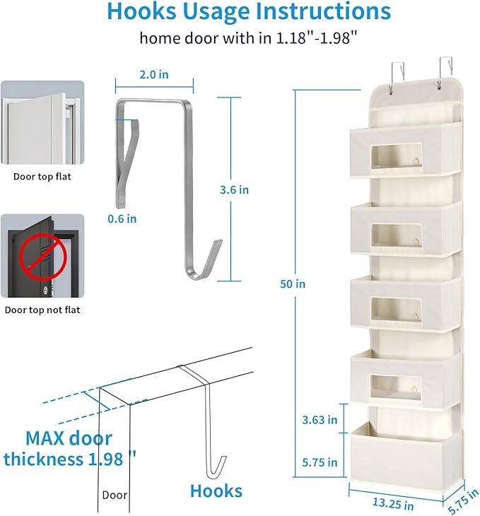 5-Shelf Over The Door Hanging Organizer with 2 Metal Hooks，5 Pocket Over The Door Wall Mount Storage with Clear Windows for Baby Nursery Bathroom Closet,Bedroom,Dorm(Beige-2 Pack)