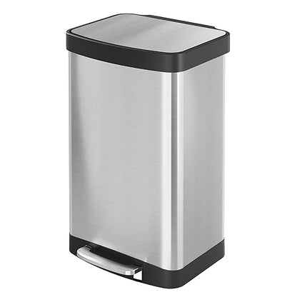 WLIVE 55 Liter Gallon Trash Can with Soft-Close Lid, 14.5 Gallon Brushed Stainless Steel Garbage Can, Kitchen Trash Can with Hands-Free Step, Integrated Bag Ring, Silver