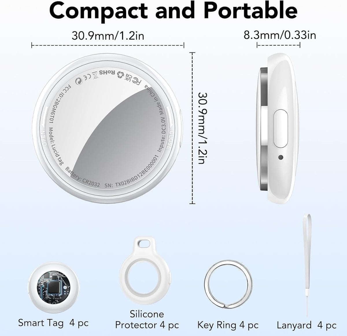2025 New [Apple MFi Certified] (iOS Only) Air Tracker Tags-4 Pack, Bluetooth Tracker for Apple Find My, Replaceable Battery, Key Finder and Item Locator Smart Tag for Keys, Bags, Luggage, Pet (White)