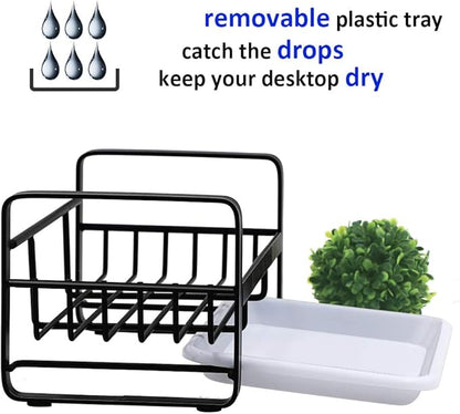 Sponge Holder with Drain Pan - Kitchen Sink Organizer - Sink Caddy Holder - Sink Tray - Soap Holder - Stainless Steel (Black)