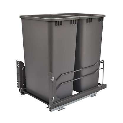 Rev-A-Shelf Pullout Dual Trash Cans for Full Height Kitchen Garbage Cabinet 50 Quart 12.5 Gallon with Soft-Close Slides, Orion Gray, 53WC-2150SCDM-213