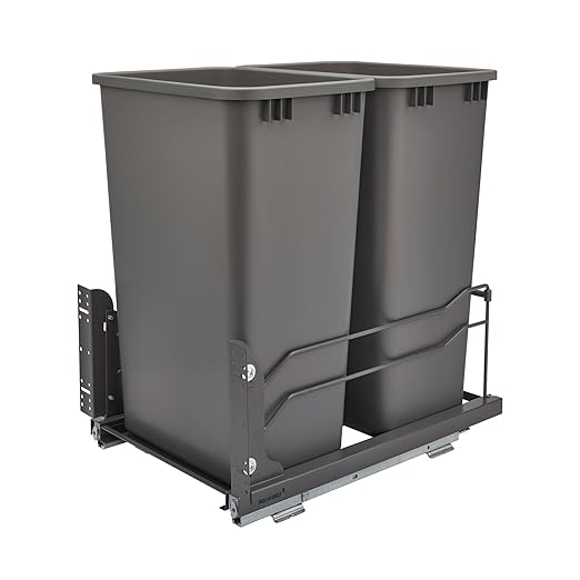 Rev-A-Shelf Pullout Dual Trash Cans for Full Height Kitchen Garbage Cabinet 50 Quart 12.5 Gallon with Soft-Close Slides, Orion Gray, 53WC-2150SCDM-213