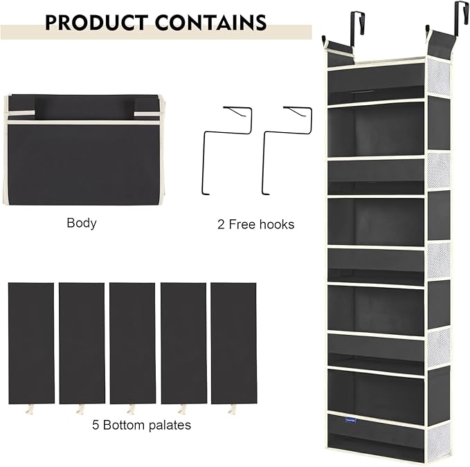 2 Pack Over The Door Hanging Organizer 5-Shelves and 10 Side Pockets, Over The Door Storage for Bathroom and Bedroom, Back of Door Organizers for Kid's Toys (13"x5"x44", Black)