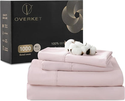 100% Egyptian Cotton Sheets King Size 1000 Thread Count Sateen Weave Soft Breathable 16-Inch Deep Pocket 4PCS（King,Light Pink）