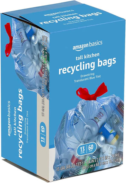 Amazon Basics Blue Recycling Trash Bags, Unscented, 13 Gallon, 60 count (Pack of 2)