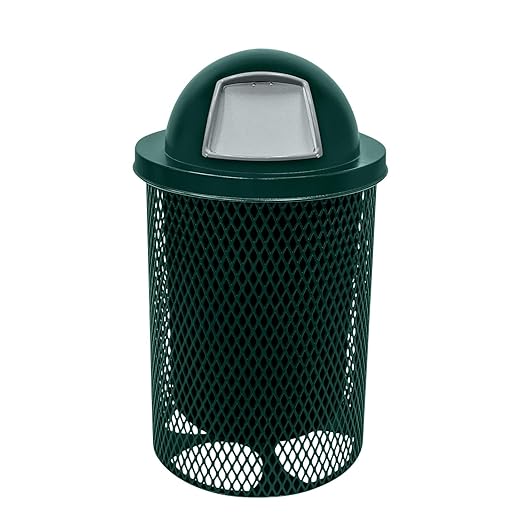 COATEDOUTDOORFURNITURE RDT-DGRN Heavy Duty 32 Gallon Round Trash Receptacle, Liner Included, Dark Green with Black Dome, Made in America