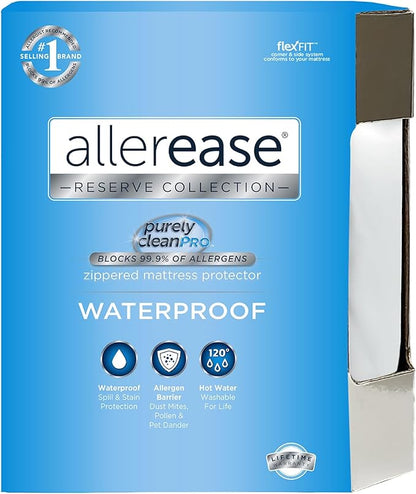 AllerEase Waterproof Mattress Protector Stain Protection Queen Size Allergen Barrier Hot Water Washable Machine Washable Durable Zippered Knit Mattress Cover Stretch Corners (White)
