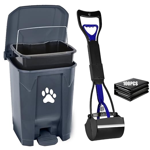 Dog Poop Trash Can Outside with Pooper Scooper, Outdoor Dog Waste Trash Can with Lid Waste Bag Odor Control for Yard Garden, 20L Grey