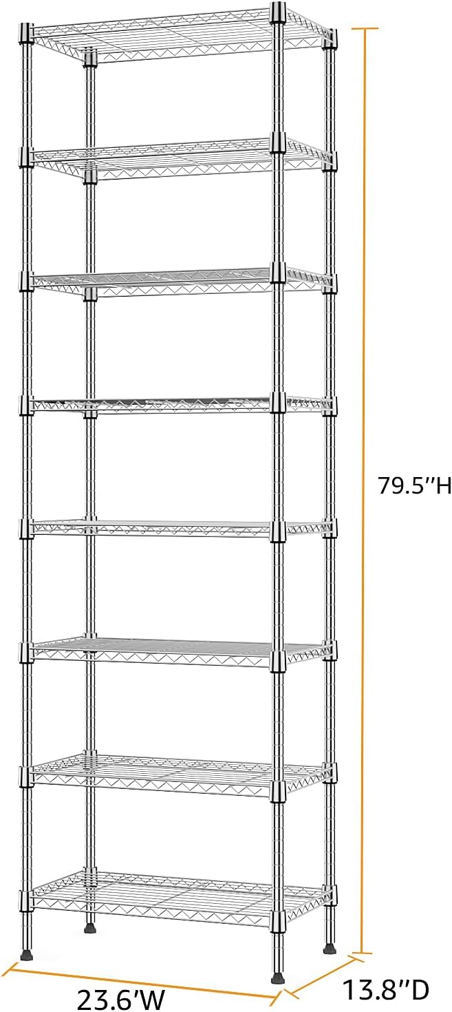 8 Tier 2000 lbs Storage Rack Metal Wire Shelving Unit, Storage Standing Shelf Organizer for Laundry Bathroom Kitchen Pantry Closet Garage Utility Room, Chrome 13.8" D x 23.6" W x 79.5" H