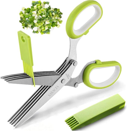 Herb Scissors with 5 Blades & Cleaning Kit, Stainless Steel Kitchen Shears for Herbs, Lettuce, Cilantro, Dishwasher Safe, Soft-Grip Handle