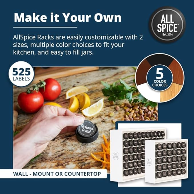 AllSpice Spice Rack Organizer, Wood, 525 Unique Labels, Countertop or Wall Mount, Includes 60 4oz Jars- Matte White