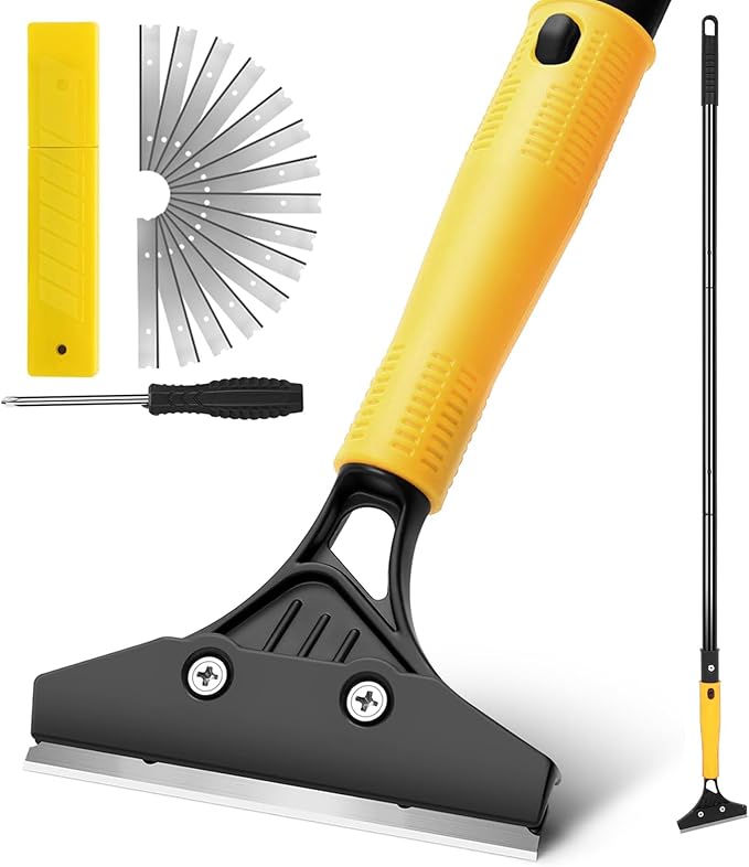 Floor Scraper Heavy Duty with Long Handle, 4 Inch Razor Blade Floor Scraper with 10PCS Extra Metal Blades,Paint Scrapers for Cleaning Wall Glass Tile Floor Paint Gum Stains Stickers Linoleum