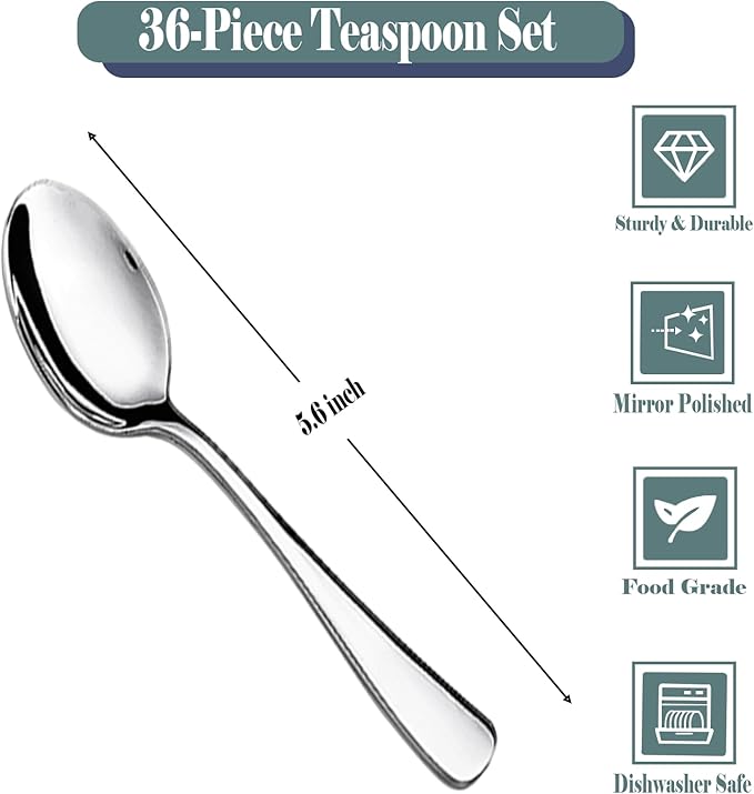 36 Piece Teaspoon Set (5.6 Inches) | Premium Food-Grade Stainless Steel Silverware - Dessert Spoons, Coffee Spoons for Home & Restaurant | Mirror Polished| Dishwasher Safe