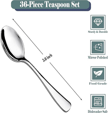 36 Piece Teaspoon Set (5.6 Inches) | Premium Food-Grade Stainless Steel Silverware - Dessert Spoons, Coffee Spoons for Home & Restaurant | Mirror Polished| Dishwasher Safe