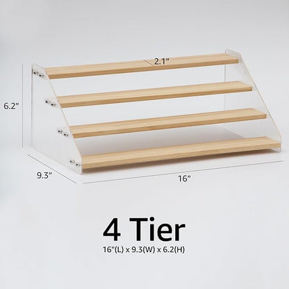 nianfeng Tiered Spice Rack, 4-Tier Spice Pantry Kitchen Cabinet Organizer, 16-Inch, Natural Wood Acrylic Stair Riser Stand, Countertop Seasoning Shelf