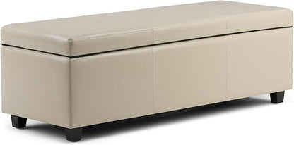 SIMPLIHOME Avalon 48 inch Wide Contemporary Rectangle Storage Ottoman Bench in Satin Cream Vegan Faux Leather, Assembled, for the Living Room, Entryway and Family Room
